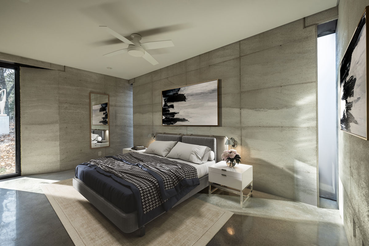 The modern master suite is organic modern, clean and simple, with real materials such as limestone rammed earth, polished concrete floors, and steel framed glass windows