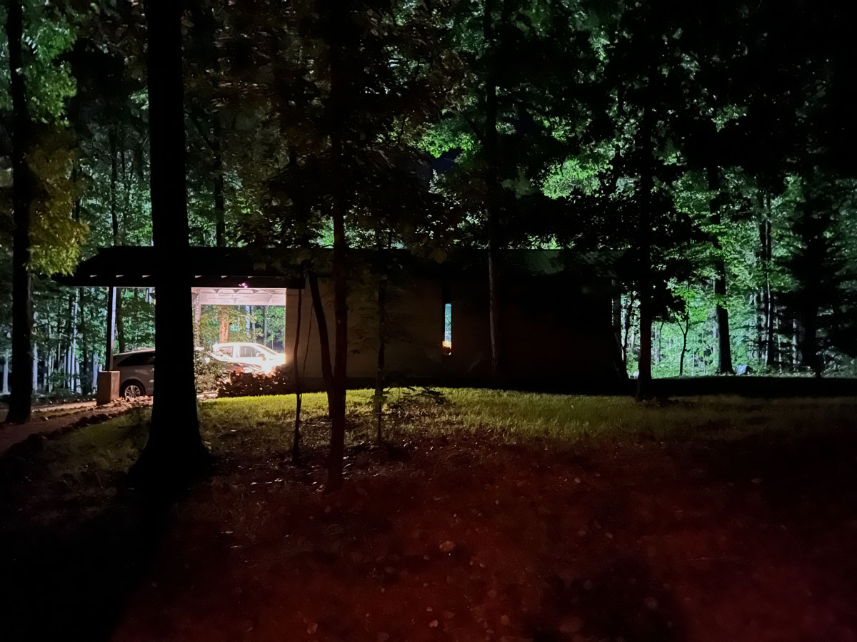 Rammed Earth garage at night