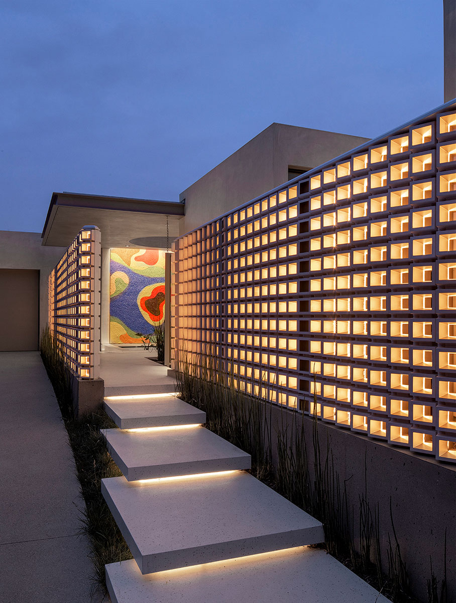 Custom concrete breeze blocks at the entry of a modern home in Los Angeles, CA