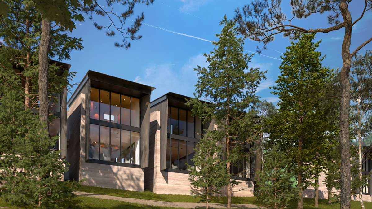 Rendering of The Outlier Hotel showcasing rammed earth walls and modern cabin design in the Ozark forest near Eureka Springs, Arkansas
